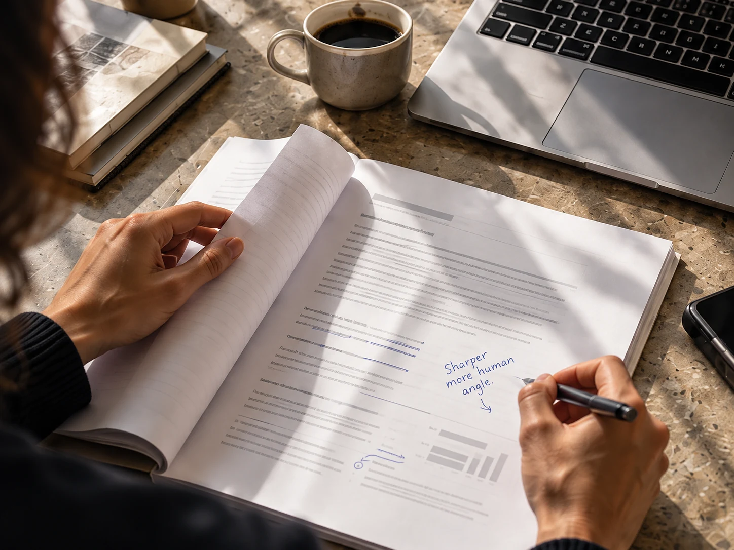 A campaign brief being reviewed and annotated by hand